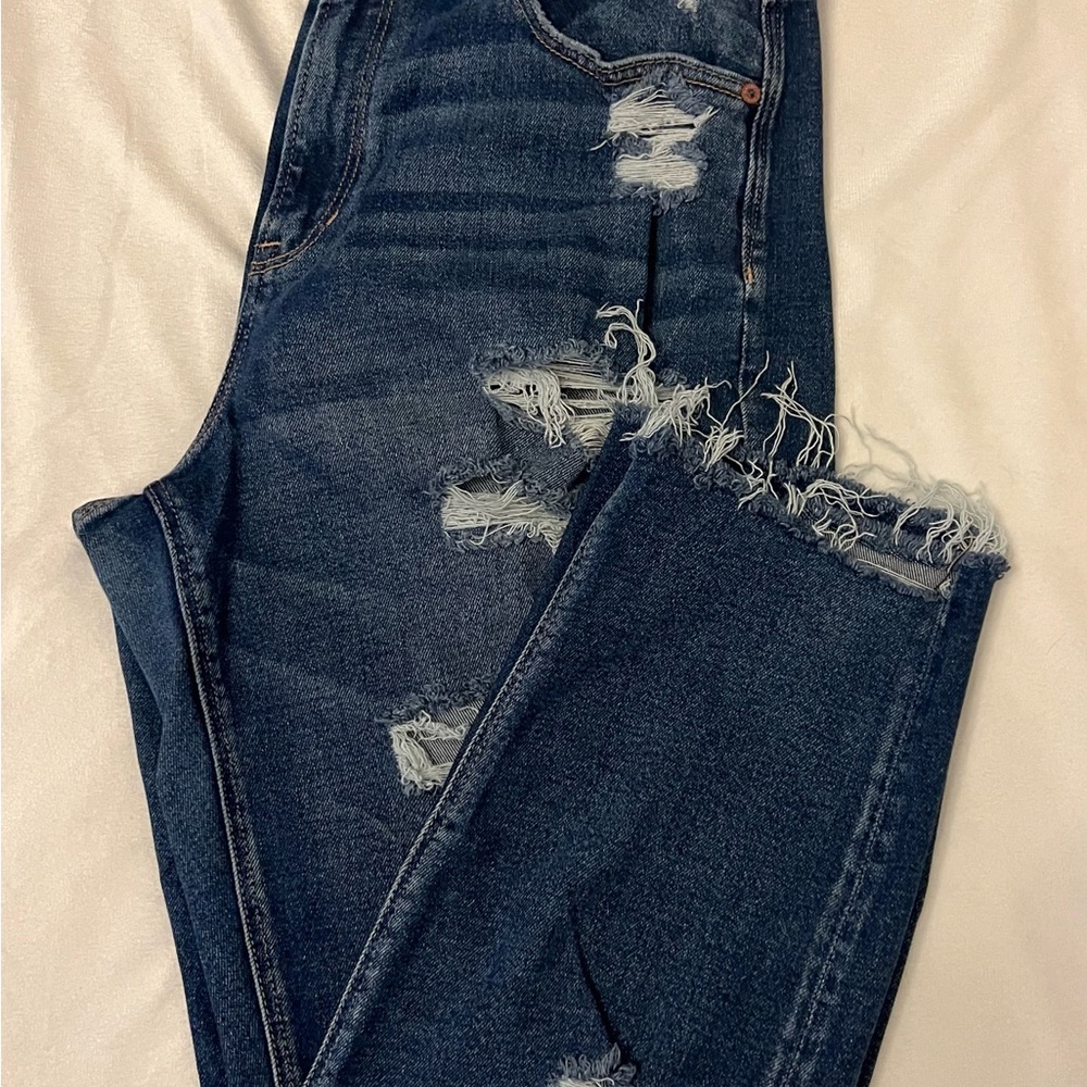 American Eagle Outfitters Dark Blue Distressed Mom Jeans